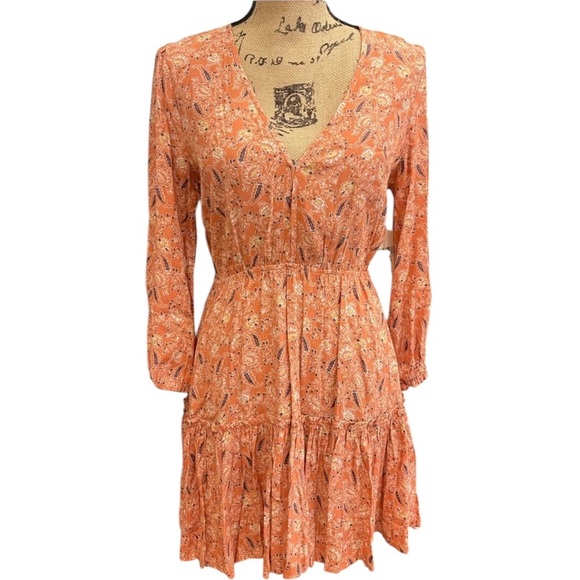 Altar'd State Orange V-Neck Sundress with Bishop Sleeves - Picture 1 of 5